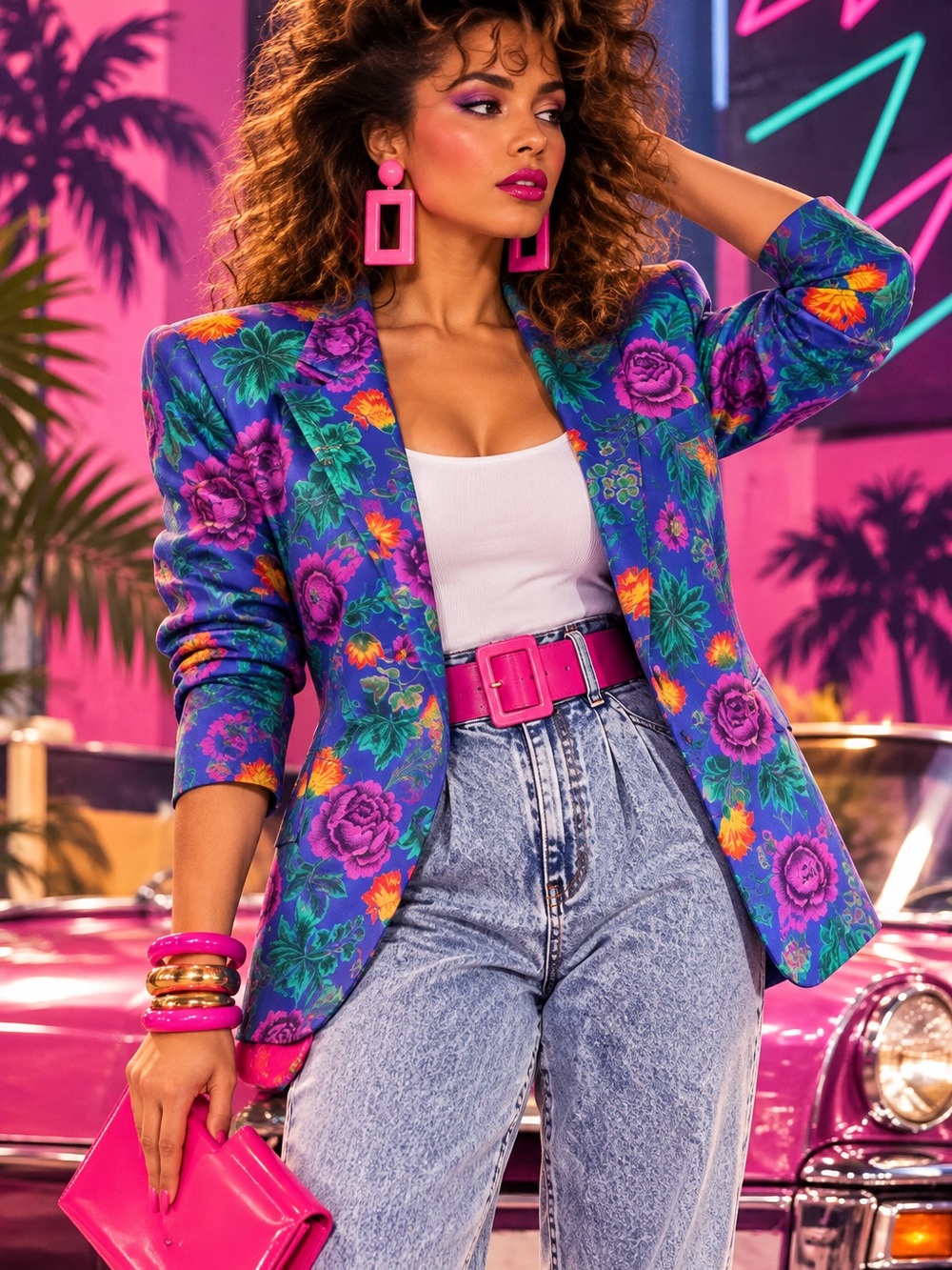 80s Vintage Suburbans Vivid Floral Blazer Jacket in Purple Bright Colors
